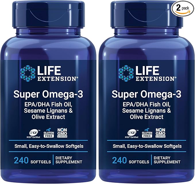 Life Extension Super Omega-3 EPA/DHA Fish Oil Sesame Lignans &amp Olive Extract – Heart Brain Inflammation Health Support Gluten-Free Easy to Swallow Non-GMO 240 Softgels (Pack of 2)