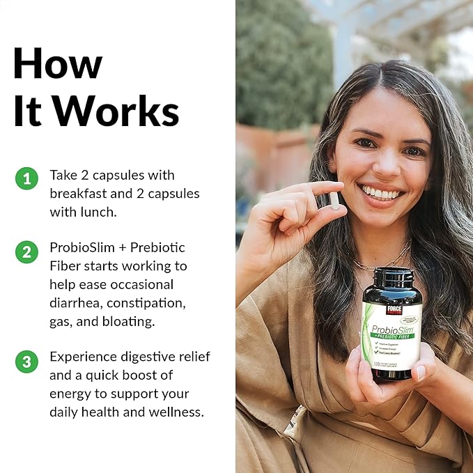 Force Factor ProbioSlim + Prebiotic Fiber Metabolism Booster for Women &amp Men Digestive Health Support Green Tea Extract and Psyllium Husk Fiber 120 Count (Pack of 2)
