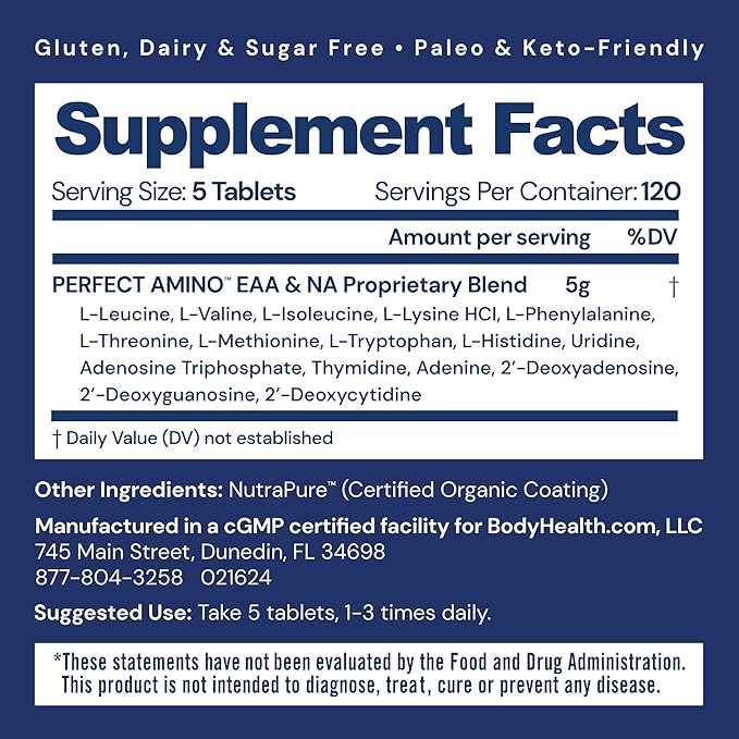 BodyHealth PerfectAmino (600 ct) Easy to Swallow Tablets Essential Amino Acids Supplement with BCAAs Vegan Protein for Pre/Post Workout &amp Muscle Recovery with Lysine Tryptophan Leucine Methio