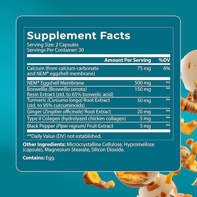 PUREHEALTH RESEARCH Joint Support NEM Eggshell Membrane with Boswellia Extract Calcium &amp Turmeric 60 Capsules