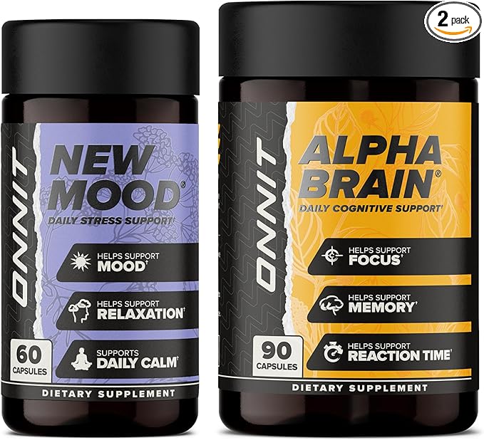 ONNIT Cognitive &amp Mood Support Bundle: Alpha Brain Nootropic Capsules (90 Count) + New Mood Stress Support Capsules (60 Count) IGEN Non-GMO Tested Focus Clarity Relaxation &amp Sleep Pack of