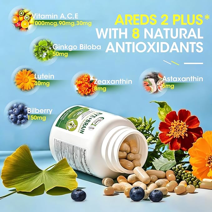 Eye + Brain Supplements for Memory and Focus Lutein 40mg Zeaxanthin Astaxanthin Bilberry Lion’s Mane Bacopa Monnieri Ginkgo Biloba 14 in 1 Eye Vitamins for Adults &amp Seniors 120 Capsules