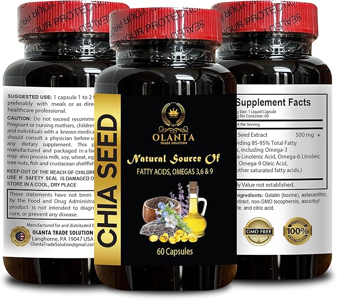CHIA Seed Supplement - Organic chia Seeds Non GMO Certified USA Chia Seed Oil Supplement for Energy chia Seeds Omega 3 and Fiber Immune Booster - 2 Bottles
