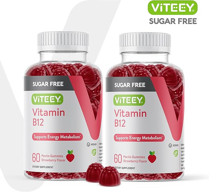 Viteey Vitamin B12 Gummies for Adults &amp Teens 1000mcg Sugar Free - Good for Energy Metabolism Natural Energy Support - Vegan Gelatin Free Gluten Free GMO Free - Chewable Strawberry Flavored