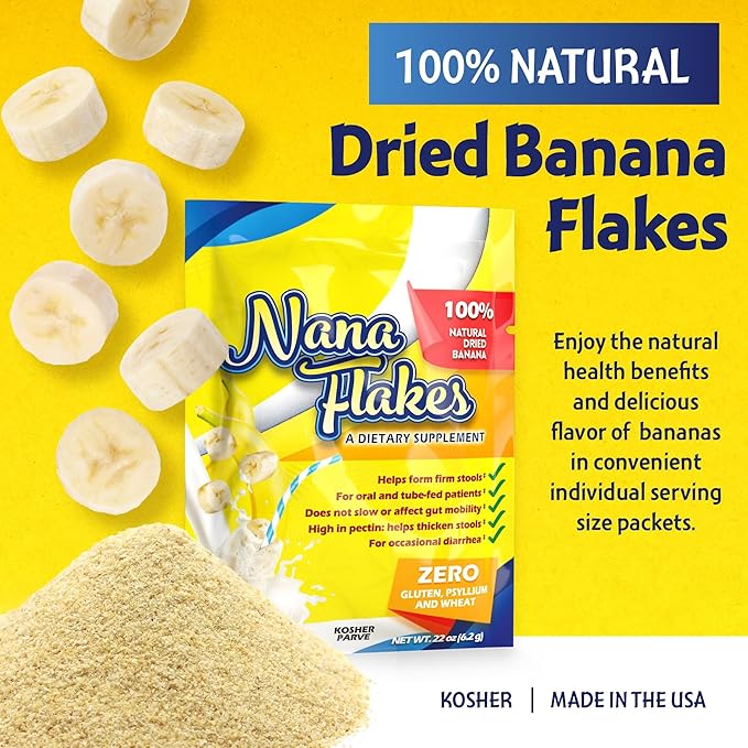 Nana Flakes 100% Pure Banana Flakes Medical Food Powder - Decrease Fat Intake &amp Natural Remedy for Diarrhea &amp Heart Burn - Great Source of Protein&amp Fiber (100 Single-Serve Packs)