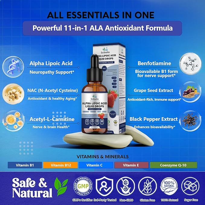 Alpha Lipoic Acid 1000mg Liquid Drops Max Strength 11-in-1 ALA Supplement w. Acetyl L-Carnitine Benfotiamine &amp B1 B12 C E Alpha-Lipoic Acid Nutritional for Neuropathy Nerve Energy Antioxidant