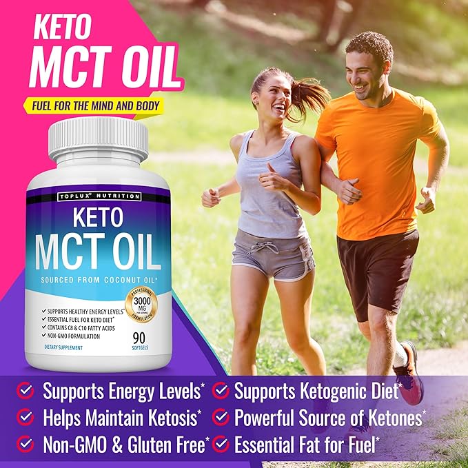 Toplux Keto MCT Oil Capsules - 3000mg Natural Pure Coconut Oil Extract Pills Source of Energy Easy to Digest for Men Women 90 Softgels Supplement