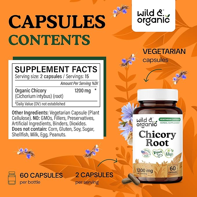 Wild &amp Organic Chicory Root Capsules - 1200 mg of Chicory Root Powder per Serving - Digestive &amp Gut Support - Prebiotic Inulin Supplement - Non-GMO Vegan Inulin Capsules - 60 Count