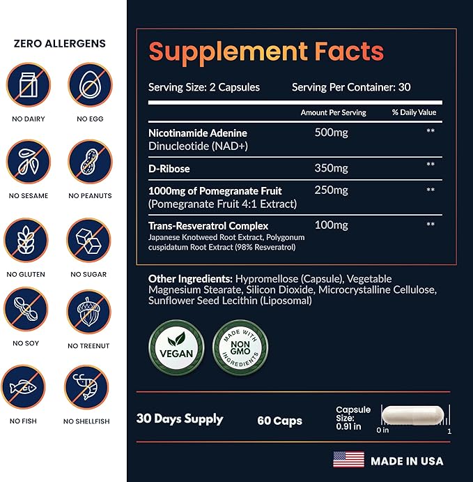 ForestLeaf NAD Resveratrol Capsules Liposomal NAD Supplement for Women and Men with D-Ribose and Pomegranate NAD+ for Energy Focus and Anti-Aging Support NMN Supplement Alternative (60 Caps)