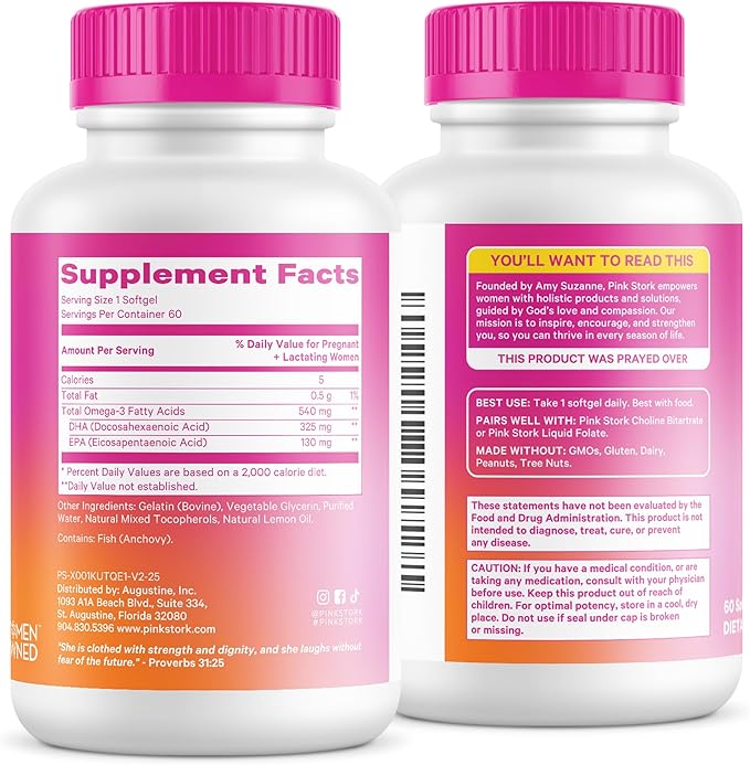 Pink Stork Omega-3 DHA - 540 mg Fish Oil Supplements with DHA and EPA Prenatal and Postpartum Essentials for Cognitive Health + Fetal Development - 60 Softgels - Packaging May Vary