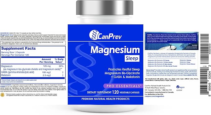 CanPrev Magnesium Bisglycinate Chelated + GABA &amp Melatonin 120 Veg Caps 120-Day Supply Support Restful Night Muscle Function Promote Relaxation &amp Balanced Sleep-Wake Cycle Vegan No GMO