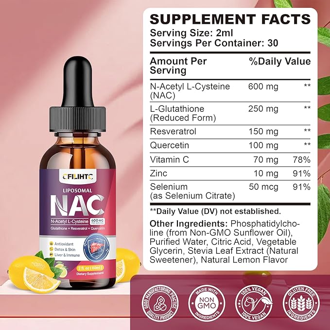 Liposomal Liquid NAC Supplement N-Acetyl Cysteine Drops N Acetyl Cysteine 600mg with Glutathione Resveratrol &amp Zinc for Adults &amp Kids Liver Lung Antioxidant Immune &amp Skin Health Lemon 2