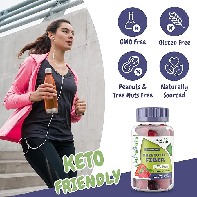 Health Supplied Mixed Berry Flavored Prebiotic Fiber Gummies - Supports Digestive System Gut Cleansing Constipation Relief - Assists with Weight Loss Plan - Great Tasting and Easy to Swallow