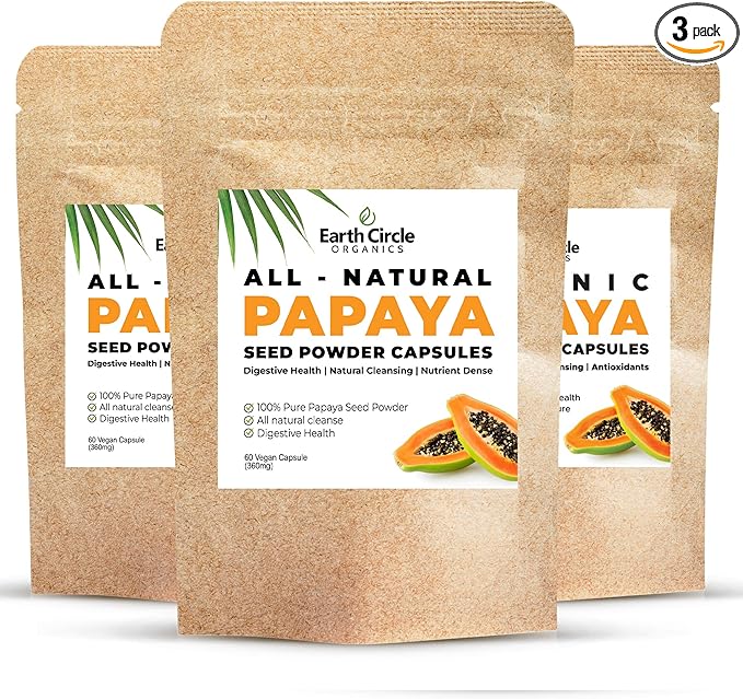 Papaya Seed Powder Capsules – Powerful Papain Supplement with Vitamins A C &amp E &amp Enzymes for Digestion &amp Gut Health – 360mg/Serving – 60 Vegan Capsules per Pack (Pack of 3 90-180 Day Su