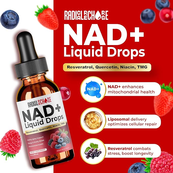 NAD+ Liquid Drops – with Resveratrol Quercetin Niacin &amp TMG – 10-in-1 Nutrient Support Formula for Cellular Energy &amp Wellness – Mixed Berry Flavor – 2 fl oz