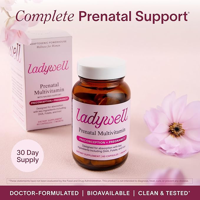 Ladywell Prenatal Multivitamin | Conception Pregnancy &amp Postpartum | Key Ingredients Including DHA Folate &amp Iron | Expertly-Formulated &amp Tested | Designed for Absorption with Nausea Supp