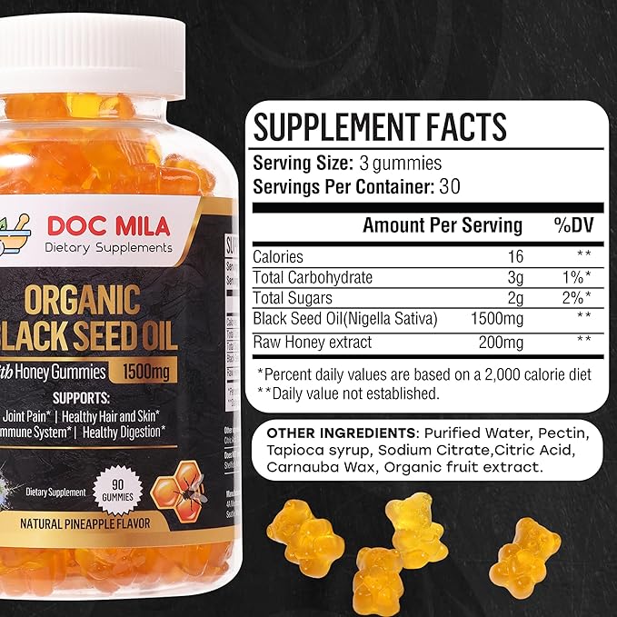 Organic Black Seed Oil Gummies 1500mg - Black Seed Oil Softgels Capsules with Honey Pineapple Flavor - Gluten Free Soy Free &amp Non-GMO