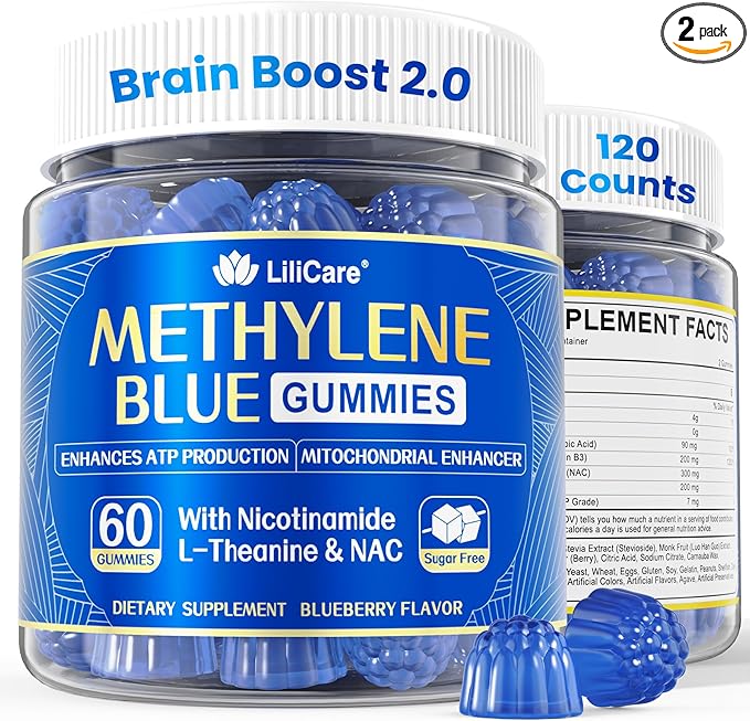 Methylene Blue Gummies for Humans | Upgraded High-Potency Antioxidant &amp Brain Booster Supplement for Cognitive Energy Cellular&amp Mitochondrial Health | Fast-Absorbing Vegan 120 Counts