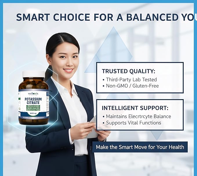 Wellotrix Potassium Citrate 1600 mg – 120 Vegan Capsules – Electrolyte Balance Kidney Support Urinary pH Health – Non-GMO Gluten-Free Made in USA – Vegan Formula