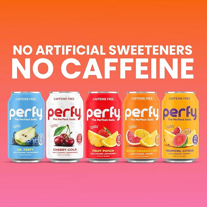 PERFY Caffeine Free Healthy Soda Variety Pack | Made With Real Fruit Juice – Low Sugar Nootropic Drinks with L-Theanine + Turmeric or Ashwagandha | Calming Functional Mocktail Sampler | Keto + GLP-1 F