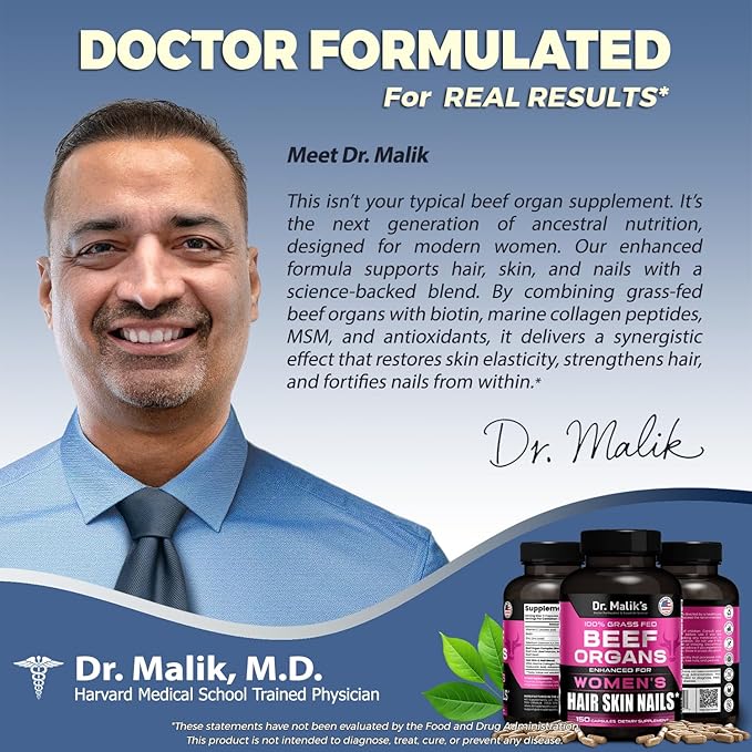 Primal Beef Organ Supplement for Women + 8 Hair Growth Vitamins Queen Blend for Hair Skin and Nails Biotin (10000mcg) Collagen Peptides Beef Liver MD Formulated 4 Beef Organs for Women 150 Caps
