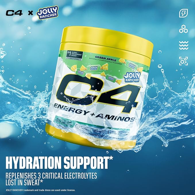 C4 Energy + Aminos Powder Jolly Rancher Green Apple 5g BCAAs &amp EAAs for Muscle Recovery 3 Electrolytes for Hydration 100mg Natural Caffeine Pre Workout Zero Sugar 30 Servings