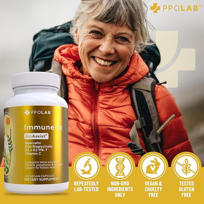 PPO Lab® Immune-fx™ Advanced Zinc Ionophore One-A-Day Immune Support Supplement with Zinc Bisglycinate Quercetin Vitamin C D3 K2 for Respiratory Heart Histamine Antioxidant Health 120 Capsules