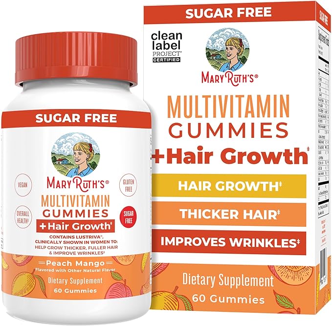 MaryRuth's Multivitamin + Hair Growth Gummies | with Lustriva® | Biotin 10000mcg | B Vitamins | Formulated for Thicker Hair Wrinkles Fine Lines Skin Care | Ages 18+ | 30 Servings
