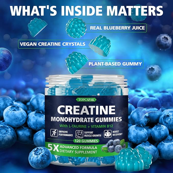 Creatine Gummies for Women &amp Men Creatine Monohydrate Gummies Supplement Pre-Workout Support with Taurine &amp Vitamin B12 Blueberry Flavor Chewable Creatine Gummy 120 Count