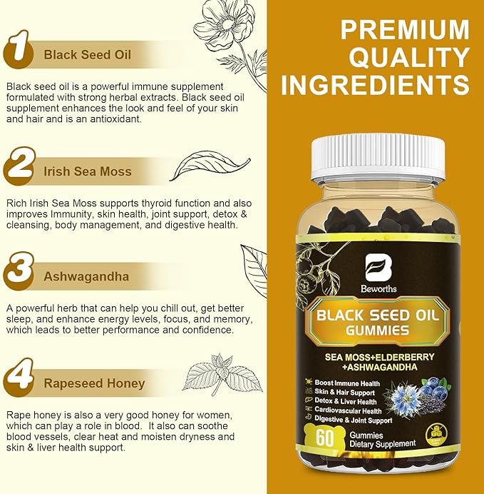 Black Seed Oil &amp Sea Moss Gummies 2Pack Irish Sea Moss Gummies with Black Seed Oil Ashwagandha Extract Elderberry Turmeric Vitamin C Vitamin D3 - Immune Support Joints Digestion Hair &amp