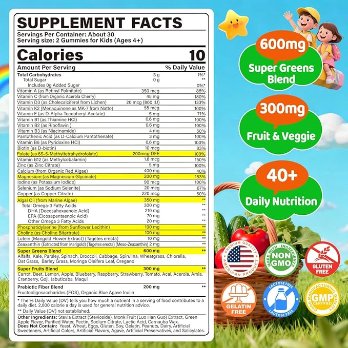 Kids Super Greens Gummies w/Multivitamins 20+ Veggie Fruit Prebiotics Calcium Omega-3 (DHA/EPA) Kids Vitamins Greens Superfood Gummies for Picky Eaters Growth Energy Immune Digestion 2 Pack