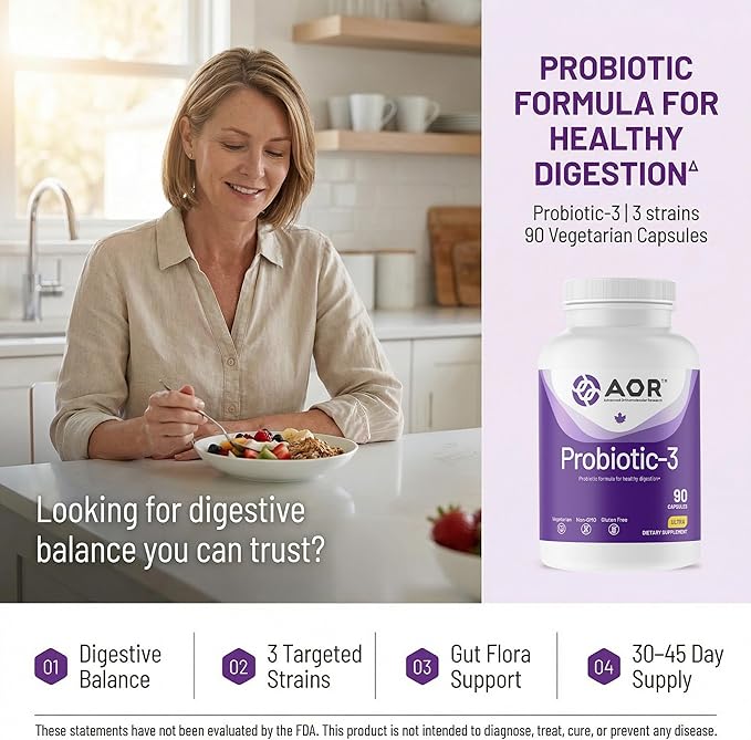 AOR Probiotic 3 90 Capsules – 30-45-Day Supply for Daily Digestive Balance &amp Gut Health Shelf-Stable Gluten-Free Non-GMO