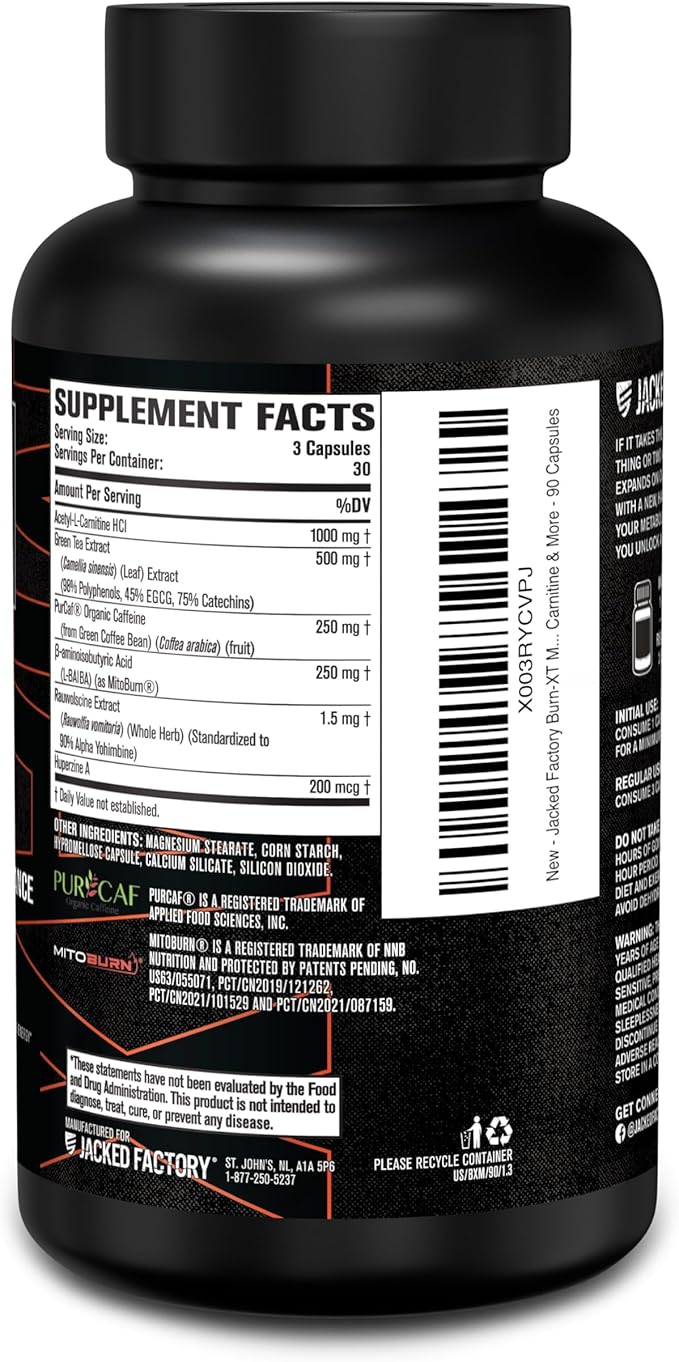 Jacked Factory Burn-XT Max - High-Performance Thermogenic Fat Burner &amp Appetite Suppressant for Weight Loss w/PurCaf Organic Caffeine MitoBurn Green Tea Acetyl L Carnitine &amp More - 90 Capsu