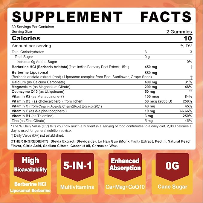 LILICARE Berberine Gummies Sugar Free Extra Absorption with Liposomal Berberine &amp Berberine HCI Calcium Magnesium AMPK Activitor for Sugar &amp Level Energy MetabolismVegan Pack of 1