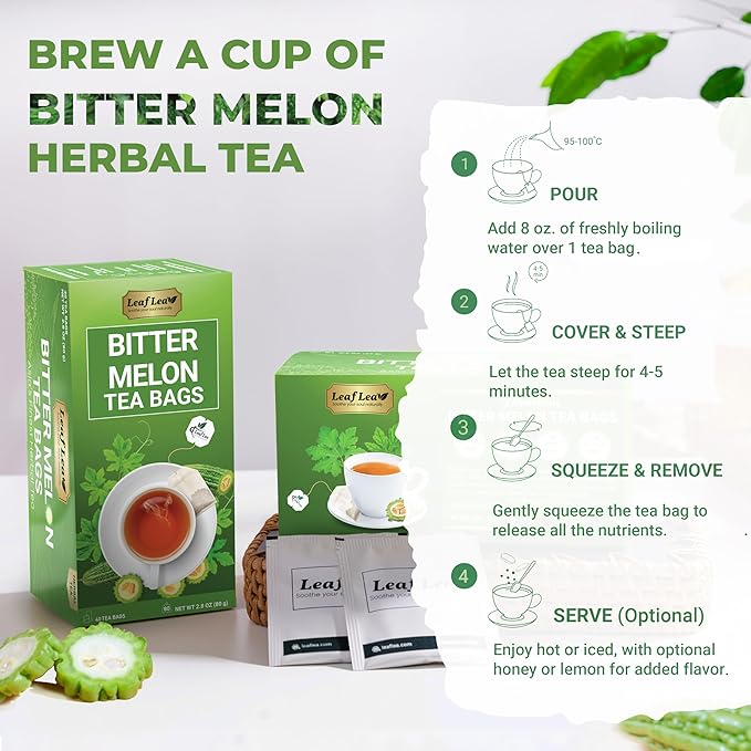 LeafLea 80 Bitter Melon Tea Bags Premium Dried Momordica Charantia (Melon Amargo Gohyah) Herbal Fruit Tea | Supports Wellness and Digestion | Caffeine-Free Sugar-Free Vegan Pack of 2