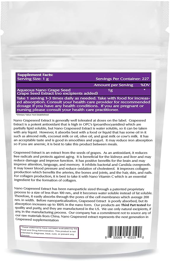 One Planet Nutrition Nano Grape Seed Powder 8 oz (227 Servings) - Nano Particle Size Vitis Vinifera Extract for High Absorption - Supports Skin &amp Cardiovascular Health - Non GMO Vegan Gluten Fre