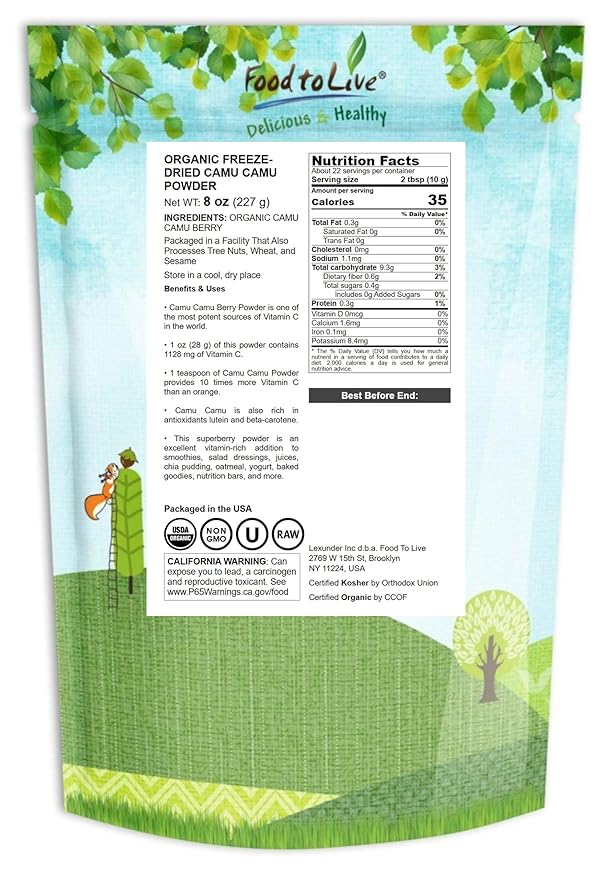 Food to Live - Organic Freeze-Dried Camu Camu Powder 8 Ounces – Non-GMO Kosher Raw Vegan Superfood Bulk Non-Irradiated Pure Great for Baking and Drinks