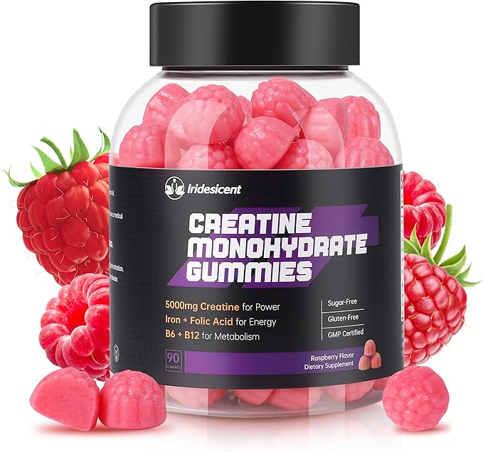 Creatine Monohydrate Gummies 5000mg w/Iron Vitamin B6 &amp B12 Sugar Free 5g Creatine Supplements for Women and Men Boost Energy &amp Muscle Recovery - 90 Raspberry Gummies