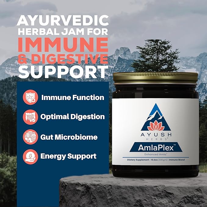 Ayush Herbs AmlaPlex - Amla Jam Chyawanprash for Immune Support &amp Digestive Health Chyavanprash Indian Honey Jam with Amla Ashwagandha - 10.6 oz Jar (1 Count)