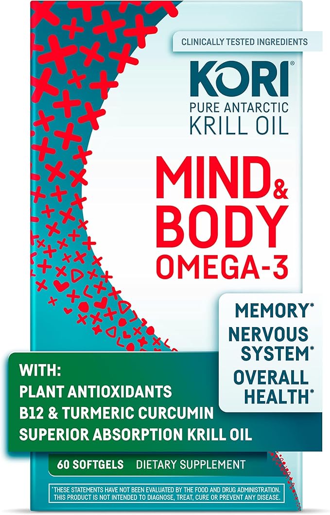 Kori Krill Kori Mind &amp Body Omega-3 Oil Brain Supplements for Memory and Focus Lutein Zeaxanthin B12 Tumeric Curcumin 60 Softgels