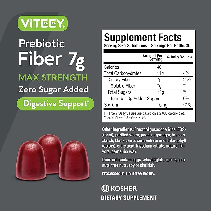 Viteey Prebiotic Fiber Gummies for Adults 7g - Gut Health &amp Digestive Soluble Fiber Supplement Gummies - Zero Sugar Added Vegan Gluten-Free - 90 Count
