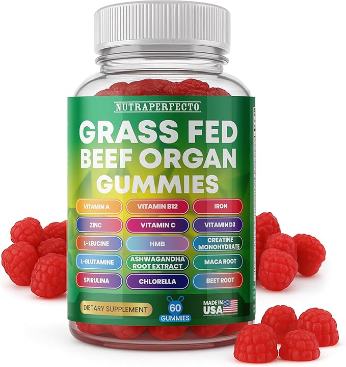 Sugar Free Grass-Fed Beef Organ Supplement Gummies with HMB L-Leucine Vitamin A B12 C D3 Supports Muscle Growth Cognitive Function Energy Detoxification Desiccated Pasture Raised Grain Free