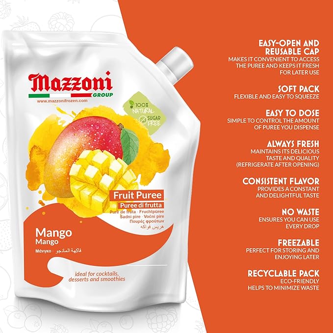 Mazzoni Mango Puree Juice 100% Pure Mango Lassi Just Fruit Nectar No Sugar Added 2.2 lbs (35.2 oz) Real Fruit Mixer for Cocktails Drinks Smoothies Convenient Pouch Made in Italy (Pack of 2)