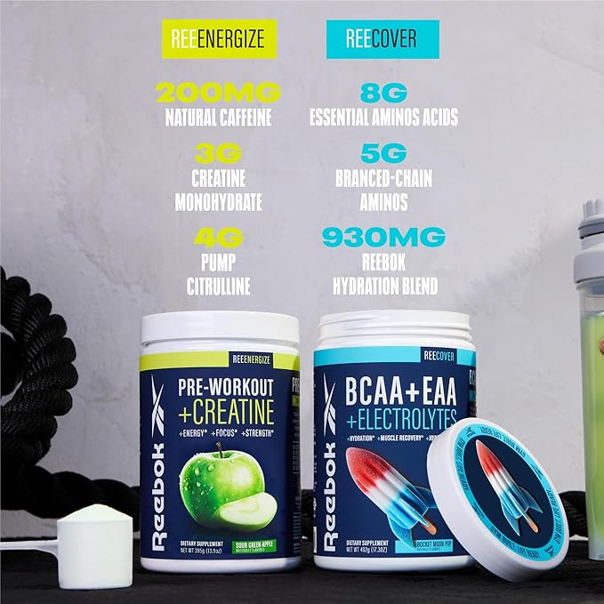 Reebok REEenergize &amp REEcover Bundle | Pre-Workout + BCAA Performance Pack | Sour Green Apple &amp Rocket Moon Pop | Complete Training System