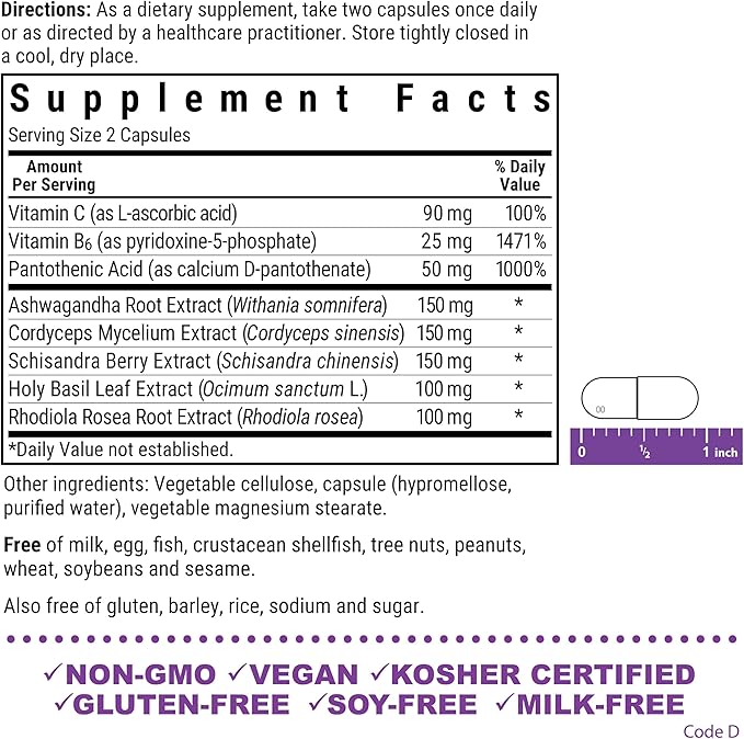 Bluebonnet Nutrition Adrenal Support Energy &amp Mood* Non-GMO Vegan Kosher Certified Gluten-Free Soy-Free Dairy-Free 60 Vegetable Capsules 30 Servings
