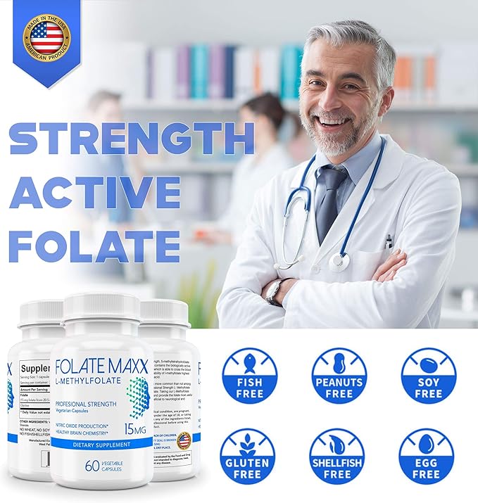 L-Methylfolate 15mg - 60 Capsules - Professional Strength Active Methyl Folate - 5-MTHF Supplement for Men &amp Women - Non GMO Gluten Free No Fillers