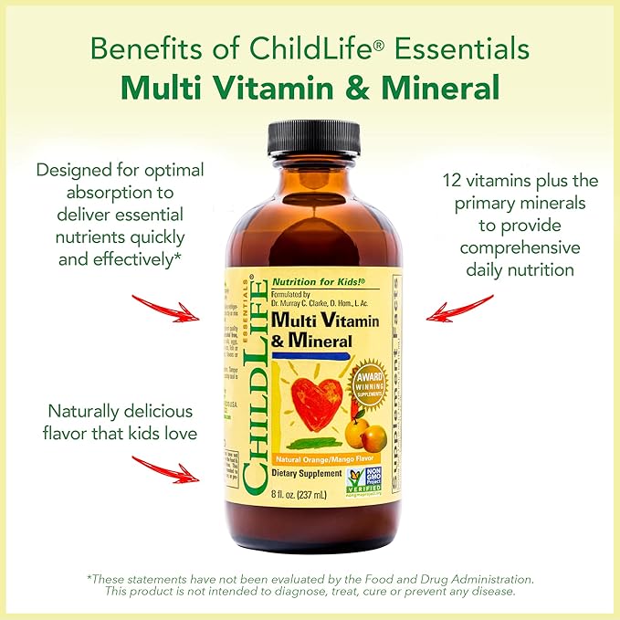 CHILDLIFE ESSENTIALS Kids Multivitamin &amp Mineral - Kids Vitamins Liquid Multivitamin for Kids Toddler Multivitamins Liquid Vitamins Baby Multivitamin - Natural Orange &amp Mango 8 Fl Oz (Pac