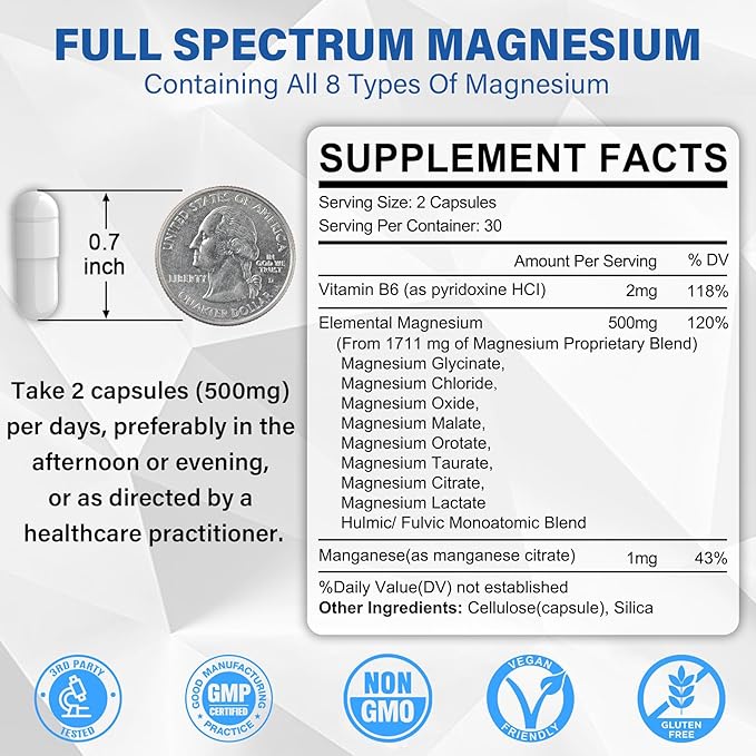 Magnesium Complex Supplement 8 Forms 500mg Magnesium Glycinate Malate Citrate High Absorption Mg for Calm Sleep Mood &amp Healthy Muscle Pack of 2 Total 120 Vegan Capsules