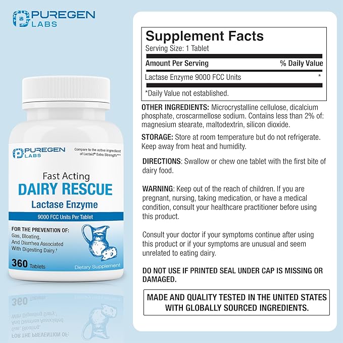 Puregen Labs Dairy Relief Fast Acting Lactase Enzyme 9000 FCC Lactose Intolerance 720 Total Tablets