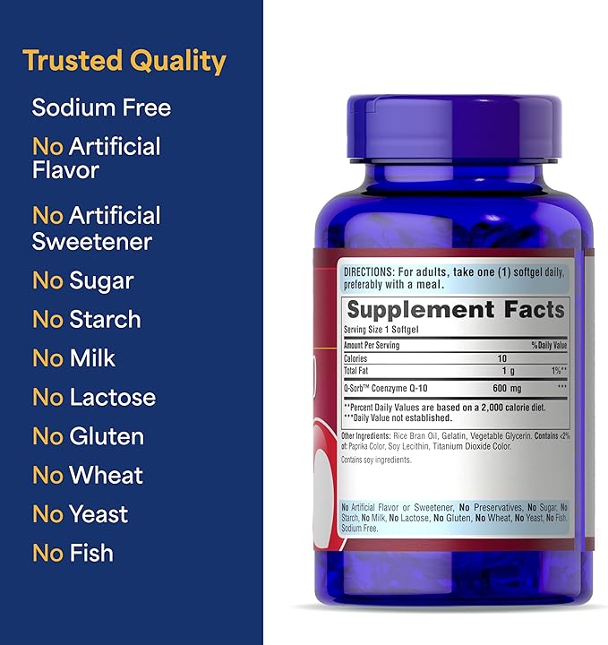 Puritan's Pride Coenzyme CoQ10 600mg Dietary Supplement for Heart Health Blood Pressure Oral Gum Health and Healthy Aging Support 60 Day Supply Rapid Release Softgels